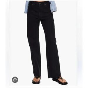 MNG Denim Nora Jeans Women’s Size 14 Black Wide Leg High Rise EUC Raw Hem